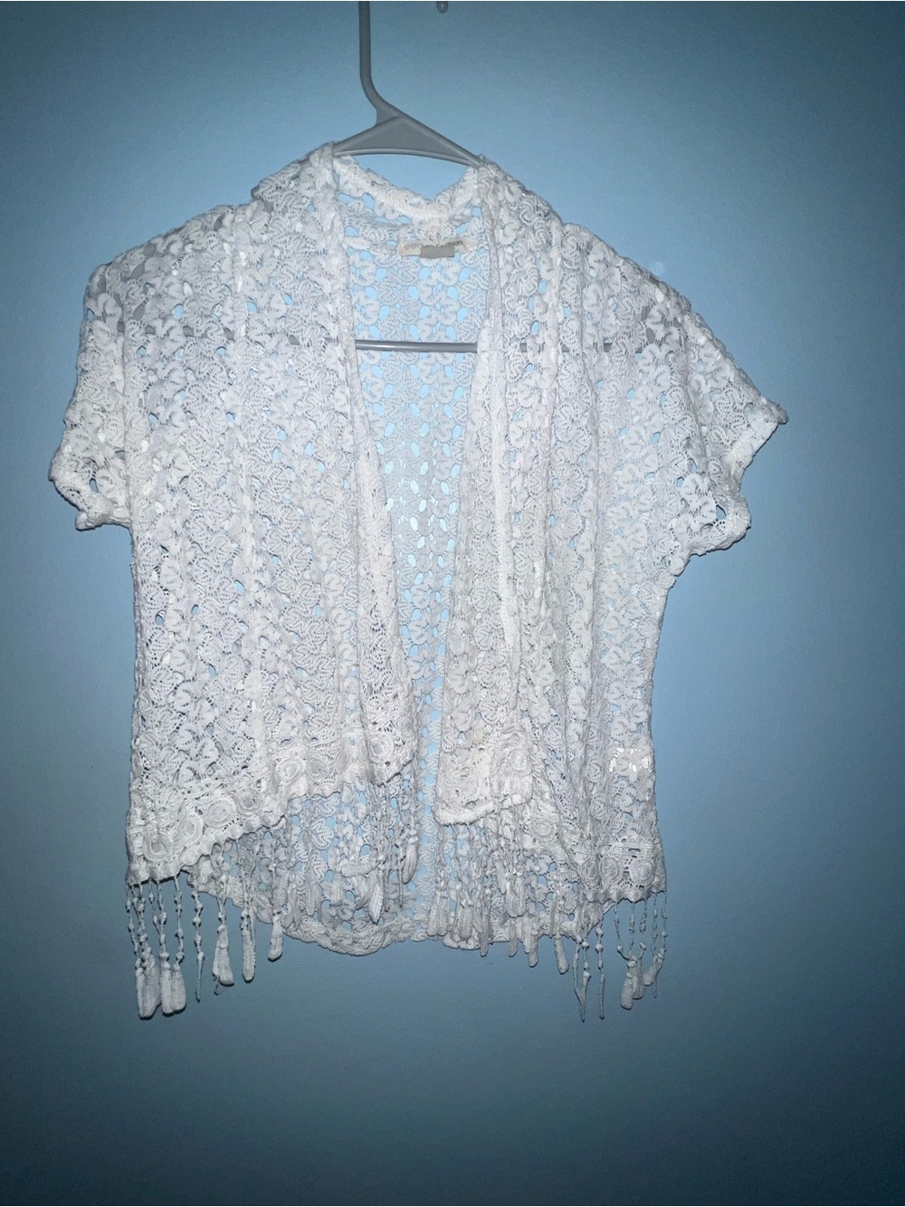 Self Esteem White Crochet Open-Front Short Sleeve Cardigan with Fringe